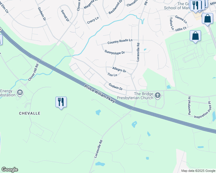 map of restaurants, bars, coffee shops, grocery stores, and more near 9566 Mountwood Drive in Manassas