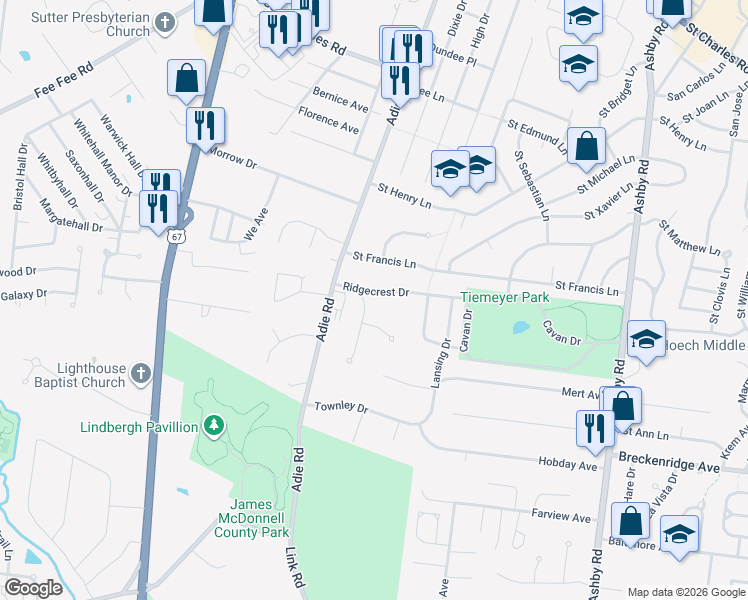map of restaurants, bars, coffee shops, grocery stores, and more near 10955 Ridgecrest Drive in Saint Ann