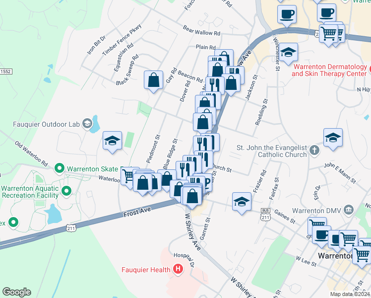 map of restaurants, bars, coffee shops, grocery stores, and more near 106 Rappahannock Street in Warrenton