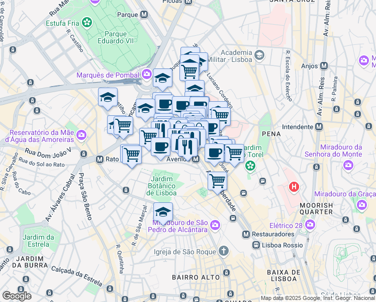 map of restaurants, bars, coffee shops, grocery stores, and more near Avenida da Liberdade in Lisbon