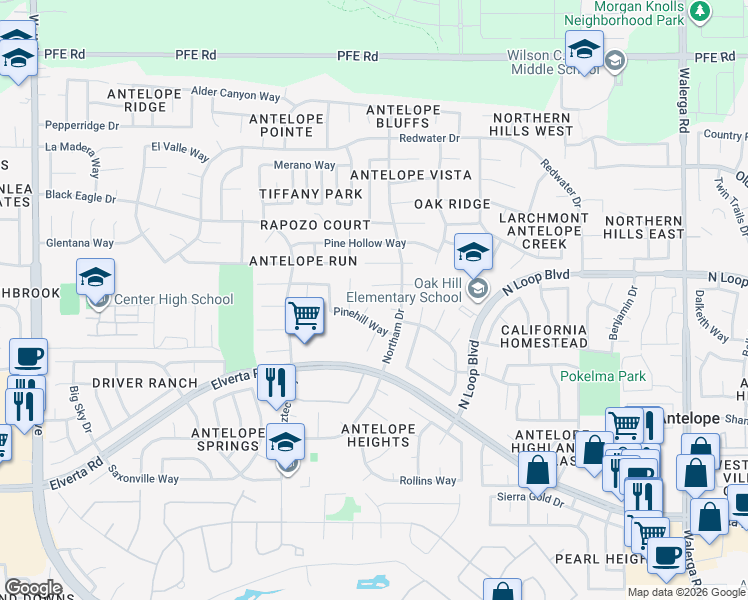 map of restaurants, bars, coffee shops, grocery stores, and more near 8338 Ruge Court in Antelope