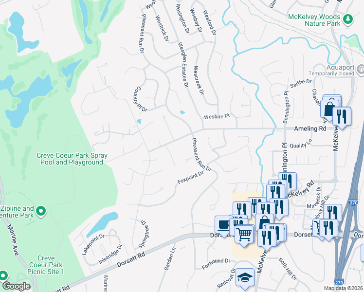 map of restaurants, bars, coffee shops, grocery stores, and more near 12130 Ameling Road in Maryland Heights