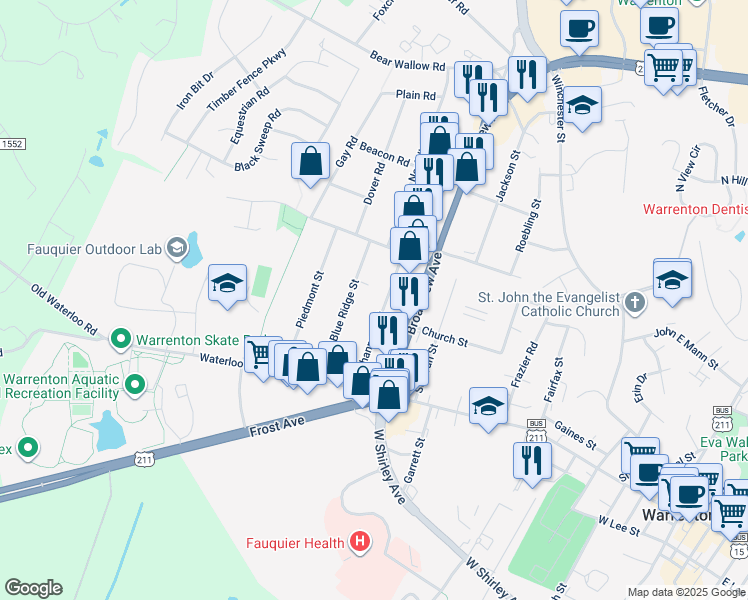 map of restaurants, bars, coffee shops, grocery stores, and more near 106 Rappahannock Street in Warrenton