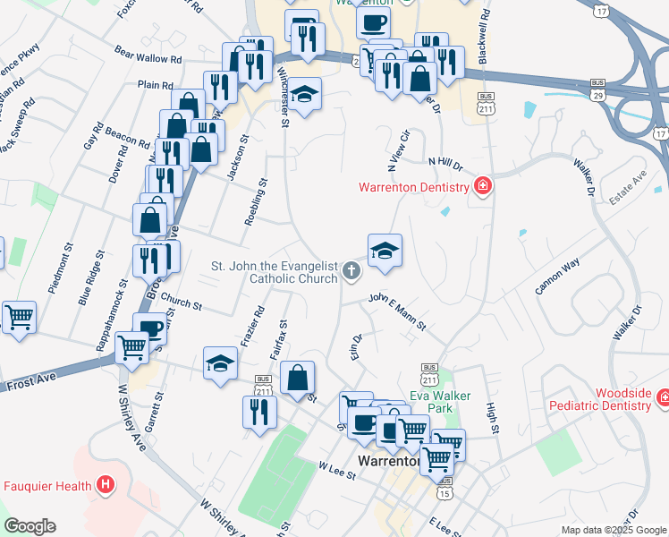 map of restaurants, bars, coffee shops, grocery stores, and more near 291 Winchester Street in Warrenton