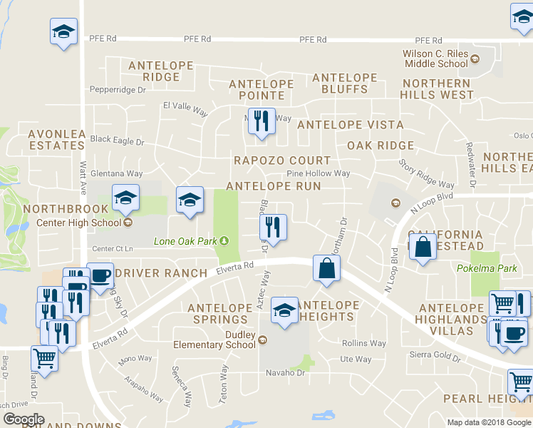 map of restaurants, bars, coffee shops, grocery stores, and more near 3709 Black Eagle Drive in Antelope