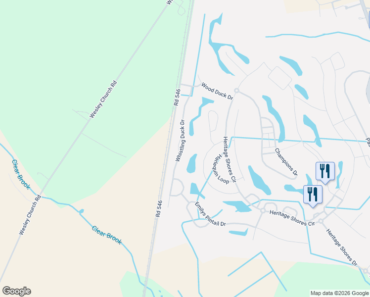 map of restaurants, bars, coffee shops, grocery stores, and more near 54 Whistling Duck Drive in Bridgeville