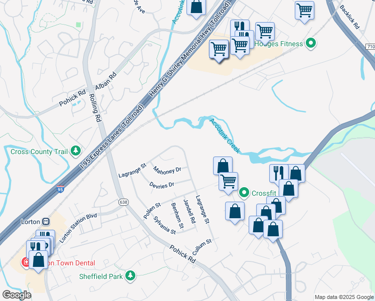 map of restaurants, bars, coffee shops, grocery stores, and more near 8723 Lagrange Street in Lorton