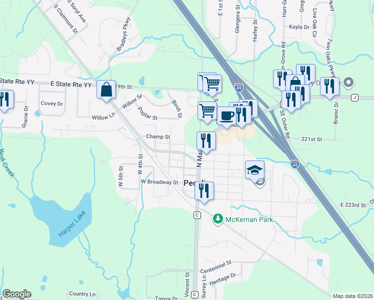 map of restaurants, bars, coffee shops, grocery stores, and more near 168 North Street in Peculiar