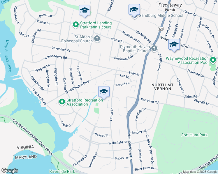 map of restaurants, bars, coffee shops, grocery stores, and more near 2015 Hoover Lane in Alexandria