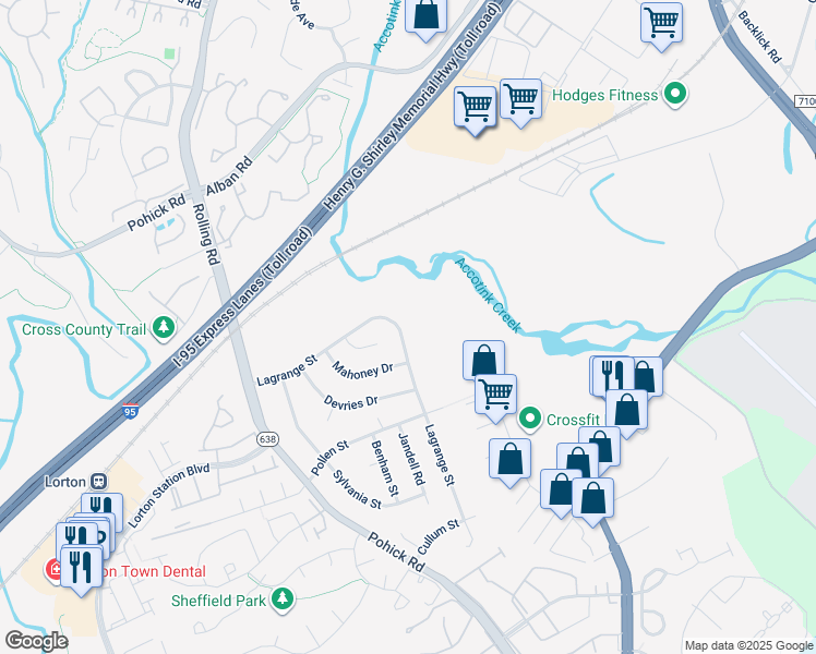 map of restaurants, bars, coffee shops, grocery stores, and more near 8723 Lagrange Street in Lorton