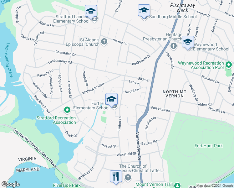 map of restaurants, bars, coffee shops, grocery stores, and more near 2015 Hoover Lane in Alexandria
