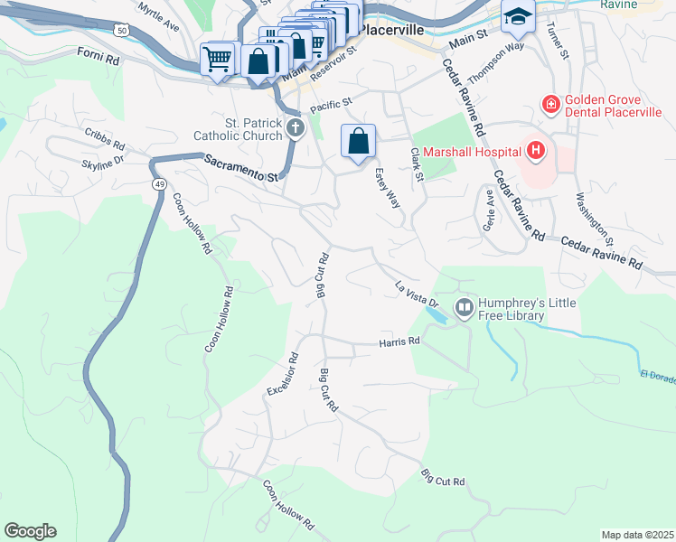 map of restaurants, bars, coffee shops, grocery stores, and more near 3360 Pardi Way in Placerville