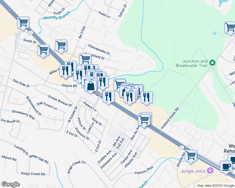 map of restaurants, bars, coffee shops, grocery stores, and more near 19563 Coastal Highway in Rehoboth Beach