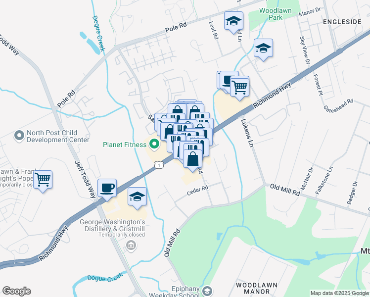 map of restaurants, bars, coffee shops, grocery stores, and more near 8750 Richmond Highway in Alexandria