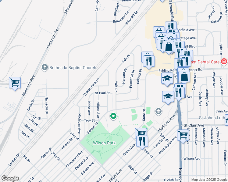 map of restaurants, bars, coffee shops, grocery stores, and more near 2908 Yale Drive in Granite City