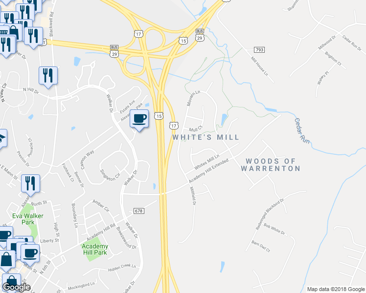 map of restaurants, bars, coffee shops, grocery stores, and more near 7695 Movern Ln in Warrenton