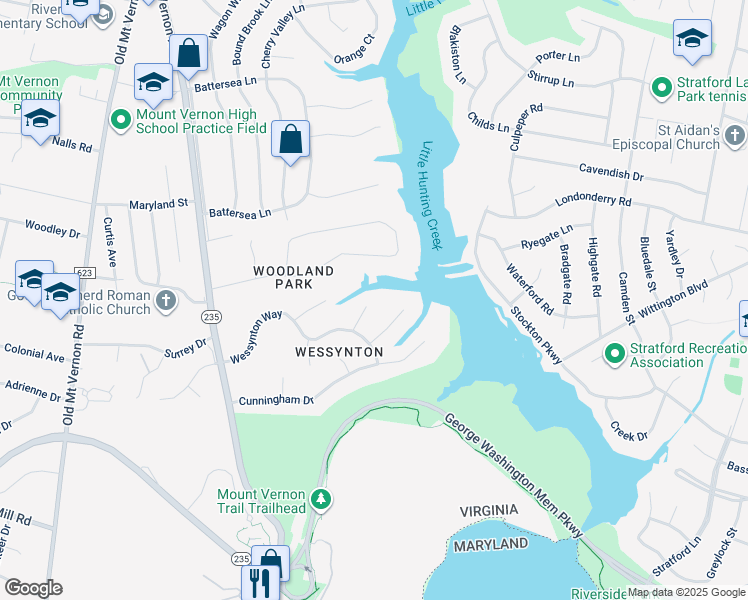 map of restaurants, bars, coffee shops, grocery stores, and more near 3001 Doeg Indian Court in Alexandria