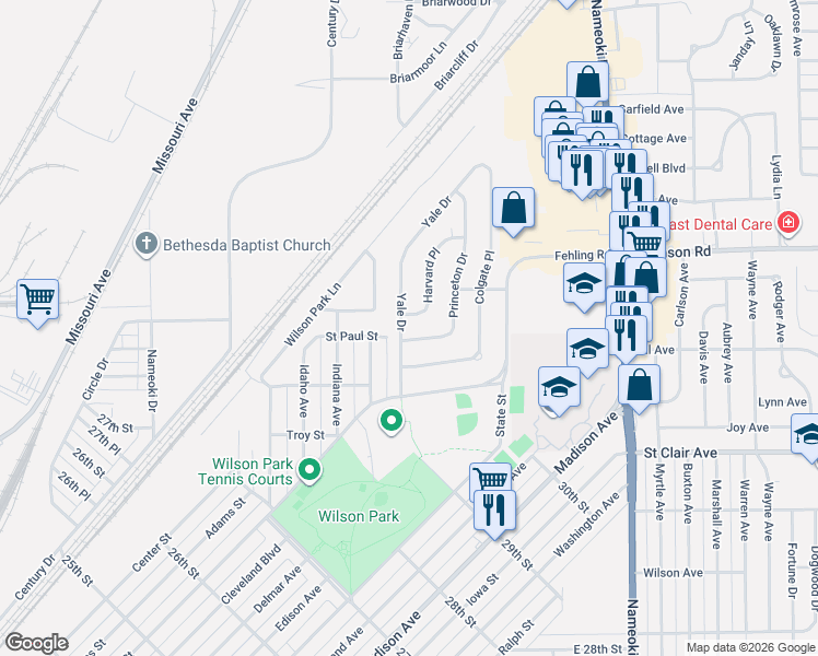 map of restaurants, bars, coffee shops, grocery stores, and more near 3132 Harvard Place in Granite City