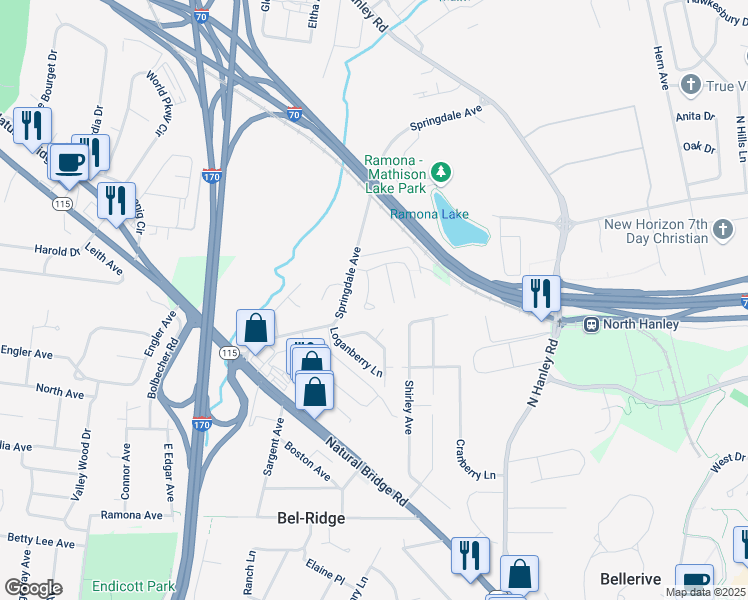 map of restaurants, bars, coffee shops, grocery stores, and more near 4323 Rickey Drive in St. Louis
