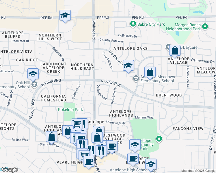 map of restaurants, bars, coffee shops, grocery stores, and more near 8342 Dalkeith Way in Antelope