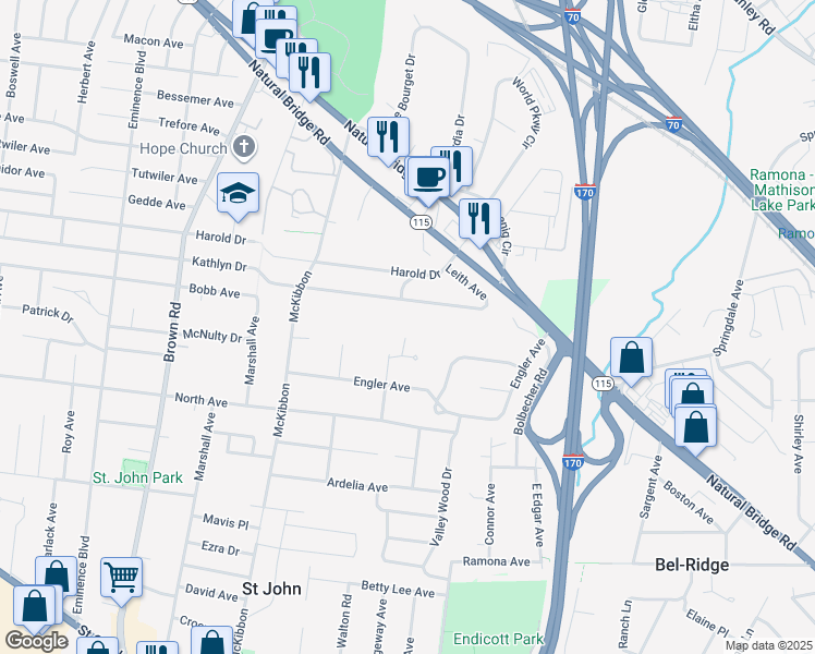 map of restaurants, bars, coffee shops, grocery stores, and more near 3679 Chaney Court in St. Louis