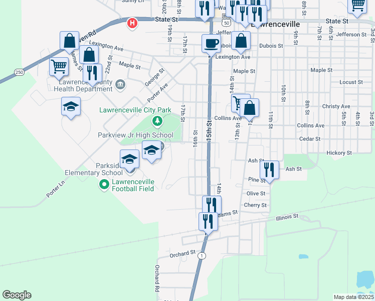 map of restaurants, bars, coffee shops, grocery stores, and more near 1616 Cedar Street in Lawrenceville
