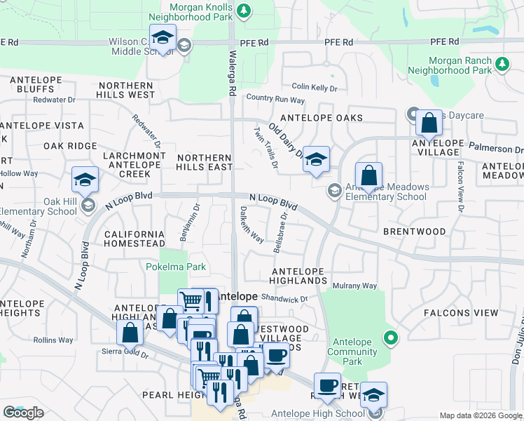 map of restaurants, bars, coffee shops, grocery stores, and more near 8304 Dalkeith Way in Antelope