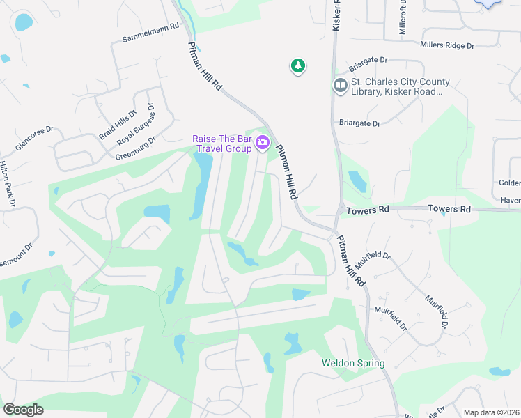 map of restaurants, bars, coffee shops, grocery stores, and more near 665 Killary Down in Weldon Spring