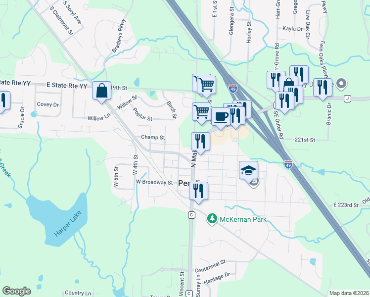 map of restaurants, bars, coffee shops, grocery stores, and more near 168 North Street in Peculiar