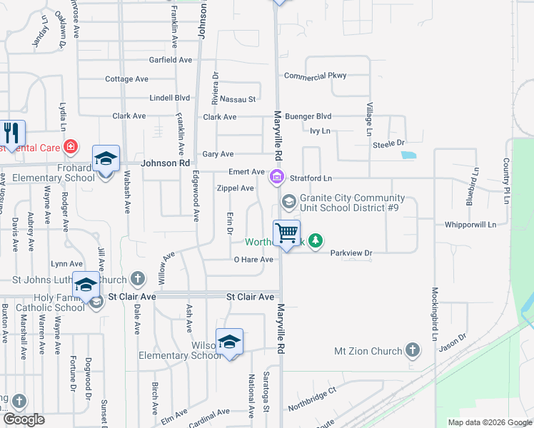 map of restaurants, bars, coffee shops, grocery stores, and more near 3245 Kilarney Drive in Granite City