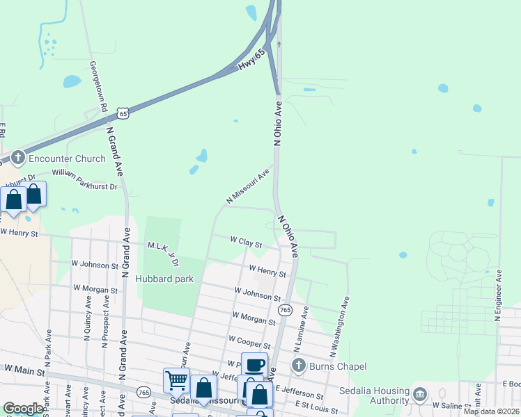 map of restaurants, bars, coffee shops, grocery stores, and more near North Broadway Boulevard in Sedalia