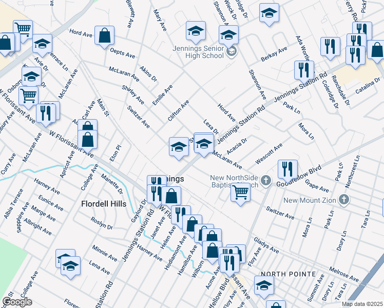 map of restaurants, bars, coffee shops, grocery stores, and more near 8629 Jennings Station Road in Jennings