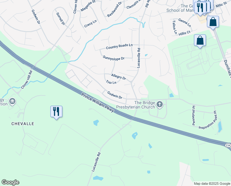 map of restaurants, bars, coffee shops, grocery stores, and more near 10812 Heaven Scent Lane in Manassas