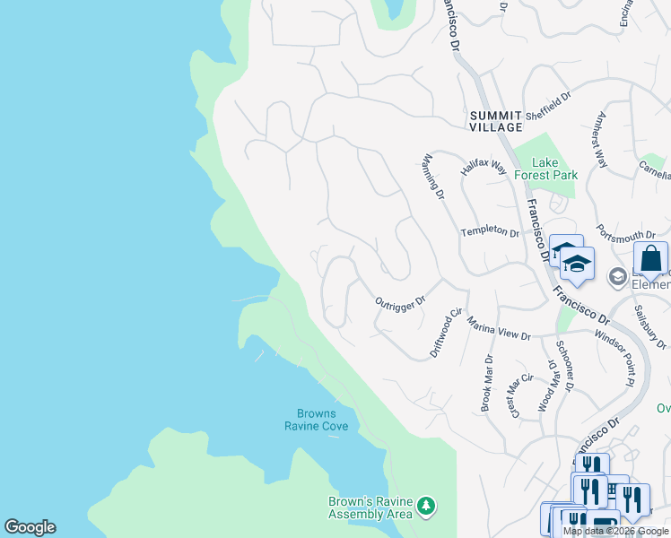 map of restaurants, bars, coffee shops, grocery stores, and more near 2130 Outrigger Drive in El Dorado Hills