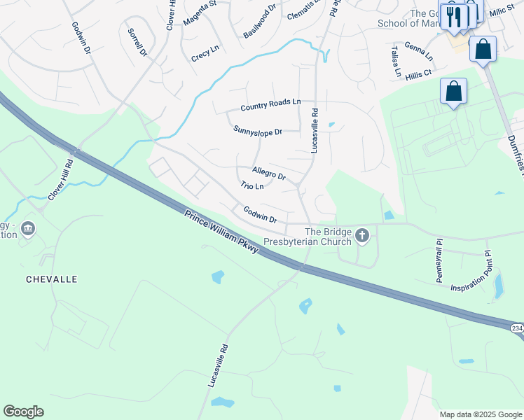 map of restaurants, bars, coffee shops, grocery stores, and more near 10812 Heaven Scent Lane in Manassas