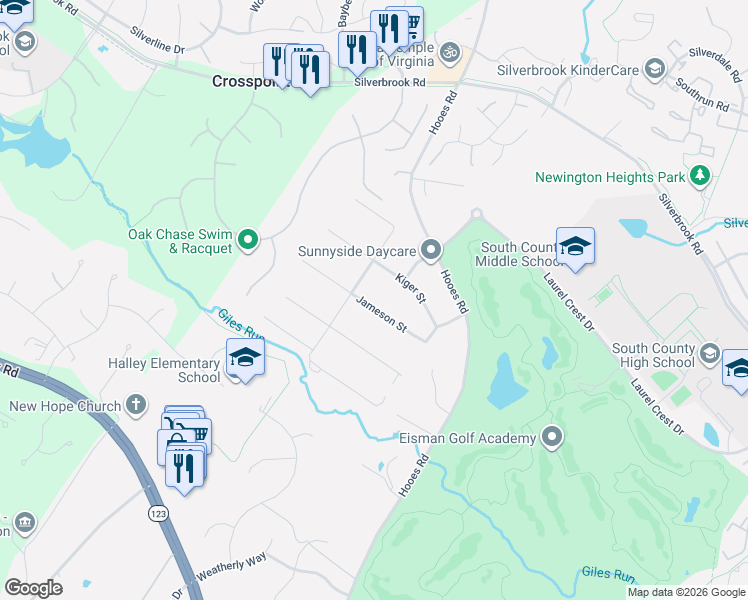 map of restaurants, bars, coffee shops, grocery stores, and more near 8930 Jameson Street in Lorton
