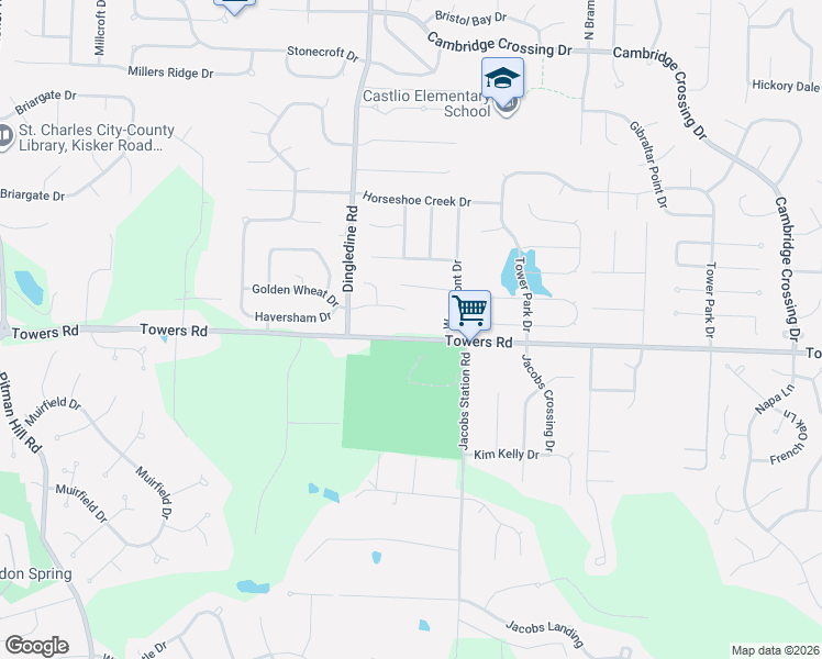 map of restaurants, bars, coffee shops, grocery stores, and more near 4112 Towers Road in Saint Charles