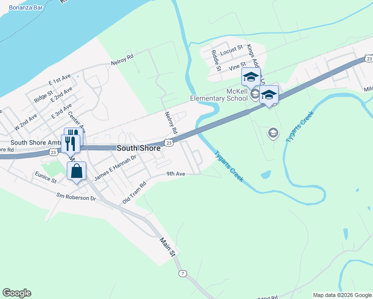 map of restaurants, bars, coffee shops, grocery stores, and more near Melroy Road in South Shore