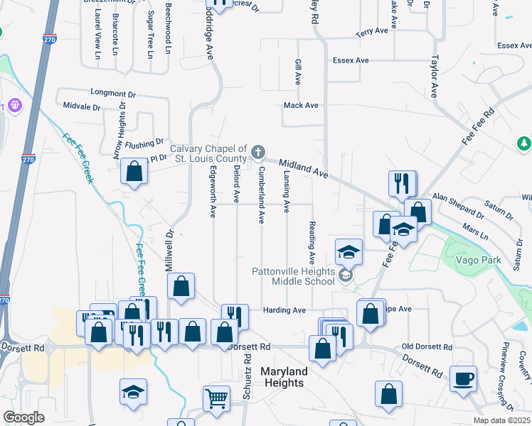 map of restaurants, bars, coffee shops, grocery stores, and more near 106 Cumberland Avenue in Maryland Heights