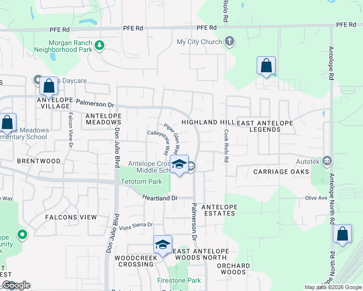 map of restaurants, bars, coffee shops, grocery stores, and more near 8328 Piper Glen Way in Antelope