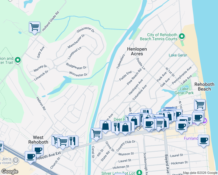 map of restaurants, bars, coffee shops, grocery stores, and more near 89 Tidewaters in Rehoboth Beach