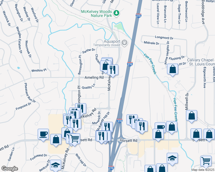 map of restaurants, bars, coffee shops, grocery stores, and more near 2263 McKelvey Road in Maryland Heights