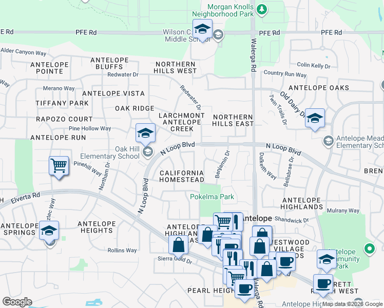map of restaurants, bars, coffee shops, grocery stores, and more near 8340 Lonely Hill Way in Antelope