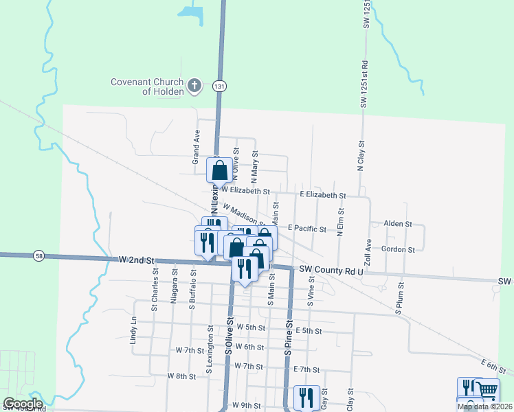 map of restaurants, bars, coffee shops, grocery stores, and more near 210 North Main Street in Holden