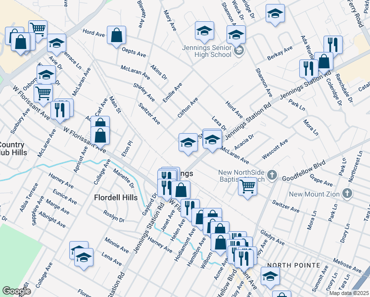 map of restaurants, bars, coffee shops, grocery stores, and more near 2125 Switzer Avenue in Jennings