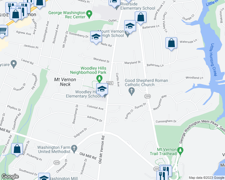 map of restaurants, bars, coffee shops, grocery stores, and more near 8709 Old Mount Vernon Road in Alexandria