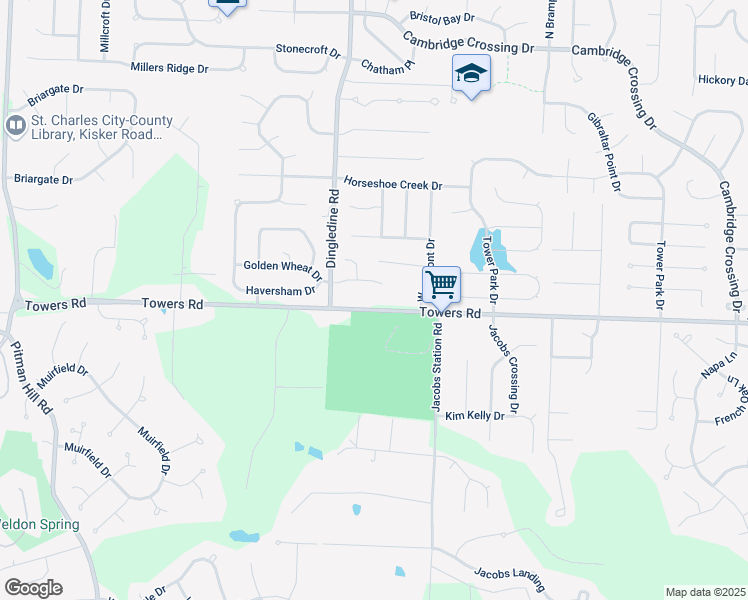 map of restaurants, bars, coffee shops, grocery stores, and more near 4132 Towers Road in Saint Charles