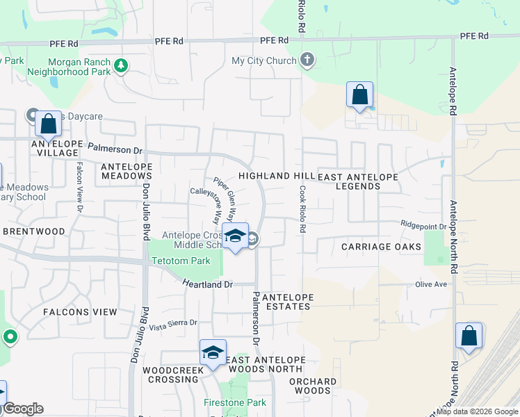 map of restaurants, bars, coffee shops, grocery stores, and more near 9116 Palmerson Drive in Antelope
