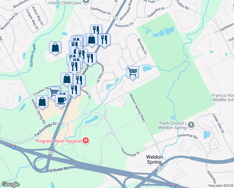 map of restaurants, bars, coffee shops, grocery stores, and more near 556 Boulder River Drive in O'Fallon