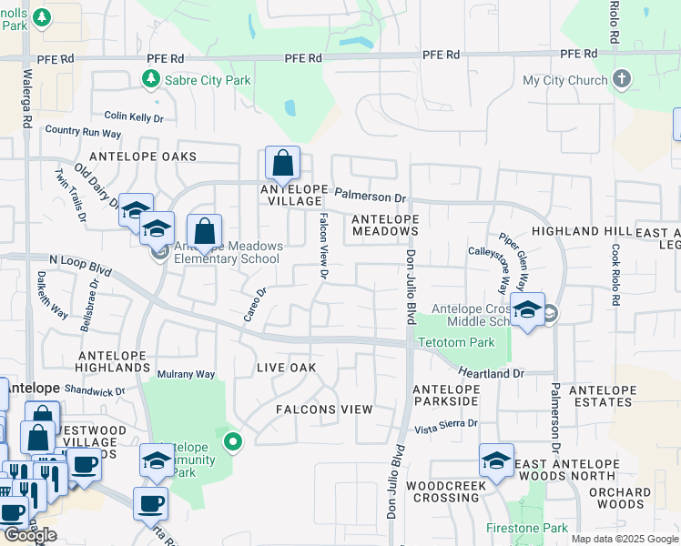map of restaurants, bars, coffee shops, grocery stores, and more near 4908 Fountainwood Court in Antelope